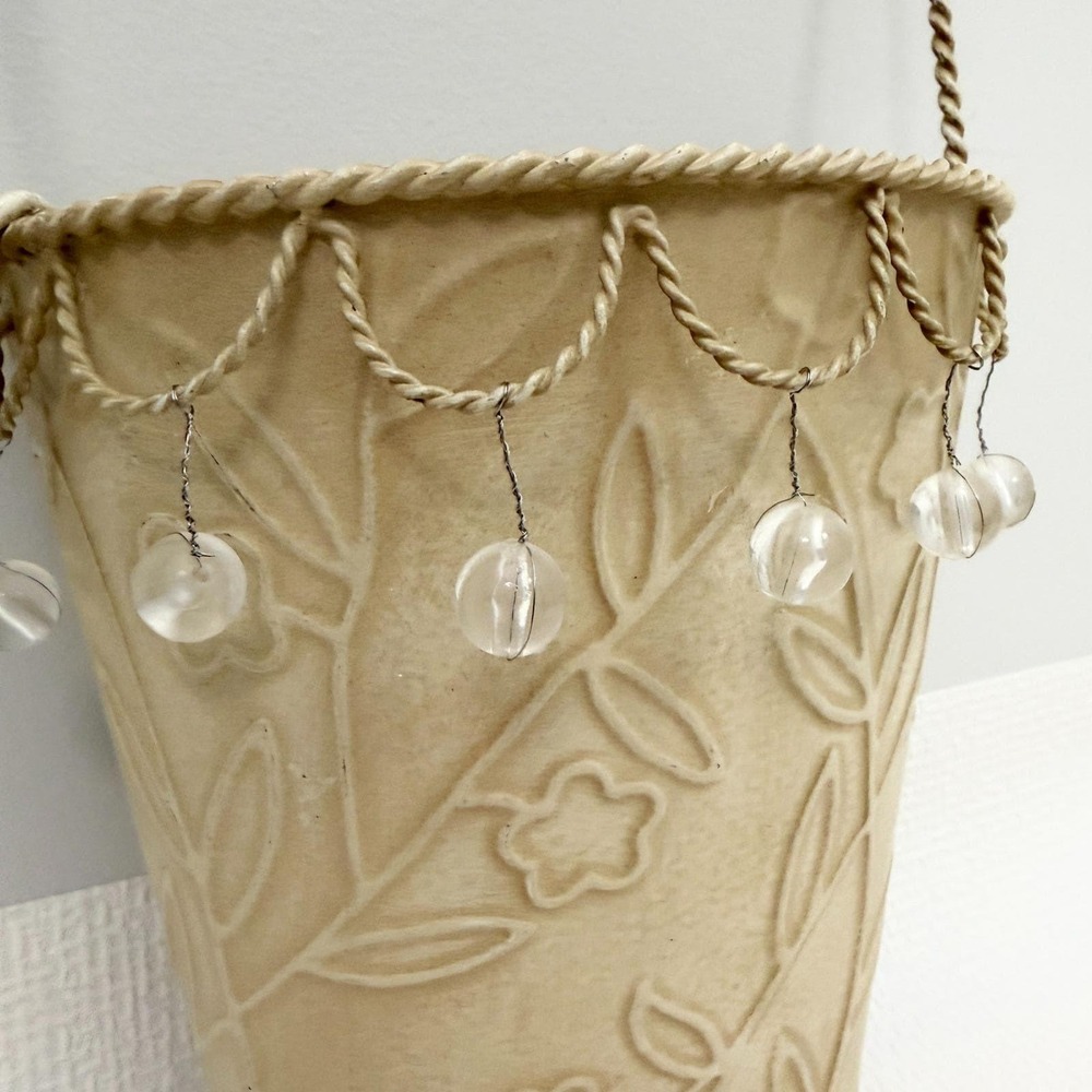 Vintage Wall Pocket Metal Floral Embossed Hanging Basket Cream - Picture 2 of 7